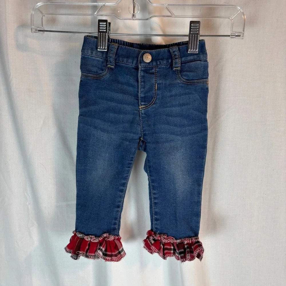 Old Navy Baby Girls Ballerina‎ Jeans Plaid Ruffle Hem Blue Denim Pants 6-12M